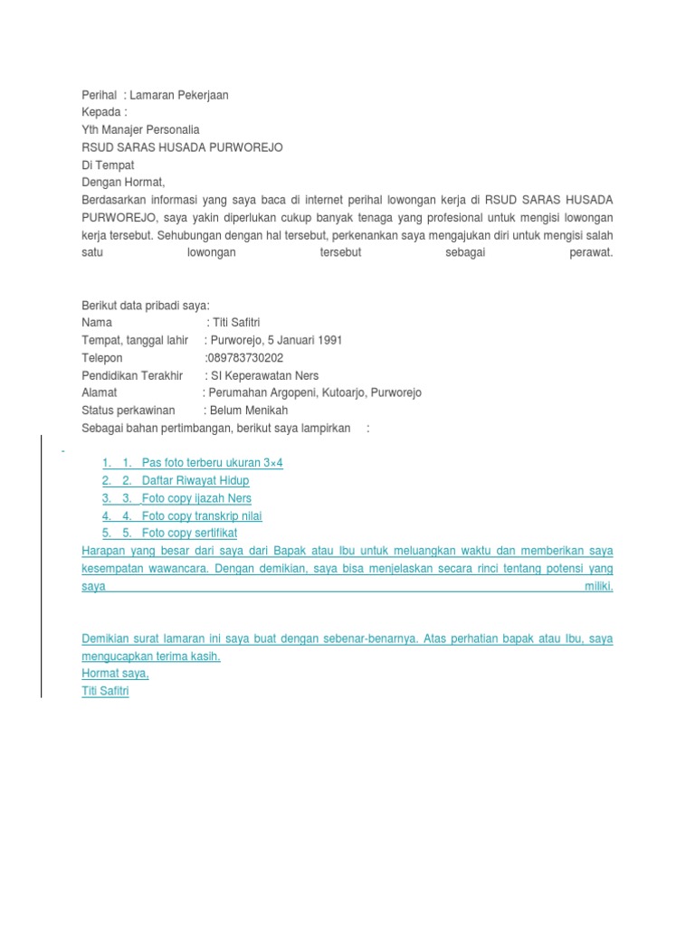 Contoh Surat Lamaran Kerja Perawat Di Puskesmas
