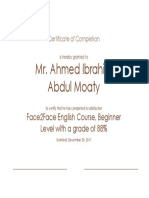 Certificate of Completion earned for Beginner English Course