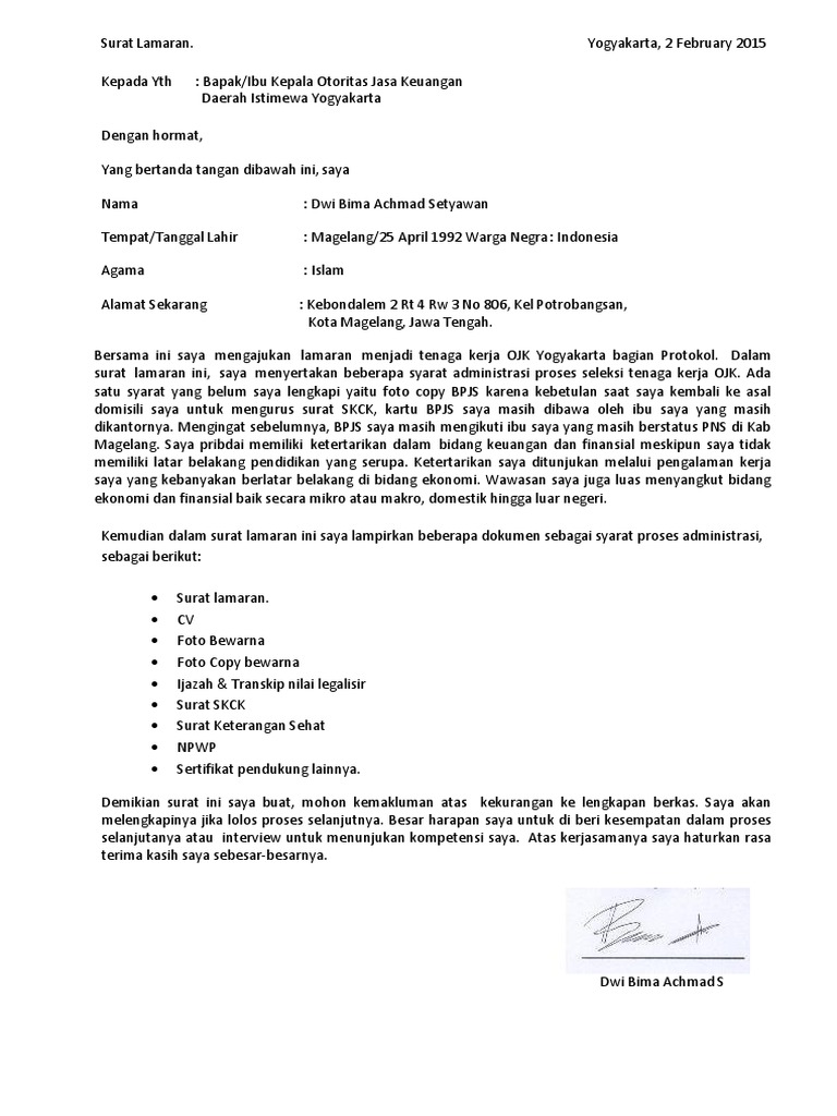 Contoh Surat Lamaran Kerja Di Ojk