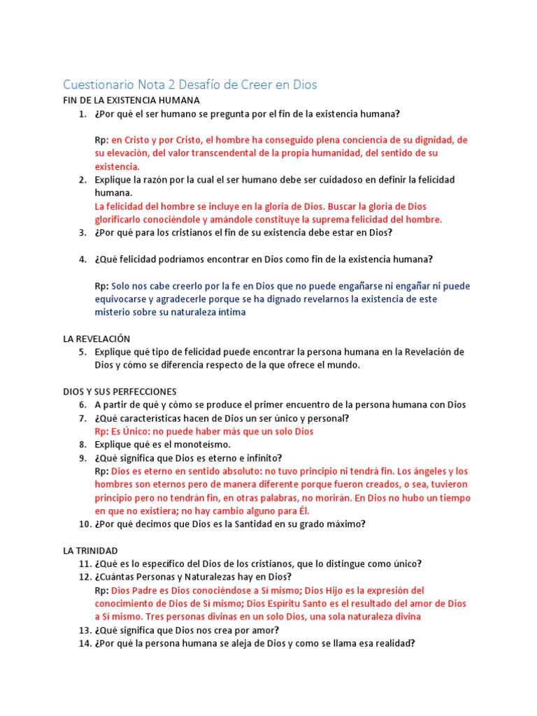 Cuestionario Nota 2 Desafío de Creer en Dios | PDF | Dios en el ...