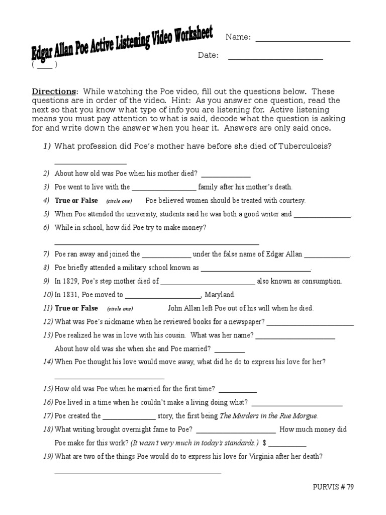 edgarallanpoeactivelisteningvideoworksheet | Edgar Allan Poe | Fiction