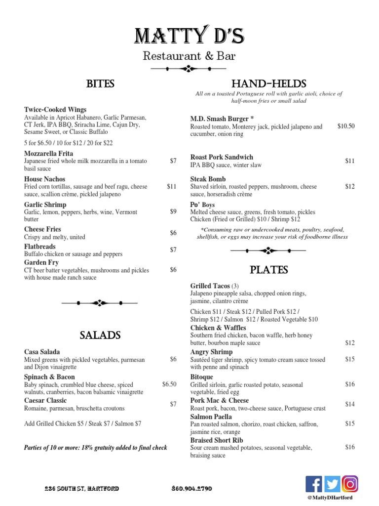 Matty D's Restaurant Menu Highlights | PDF | Sausage | Salad