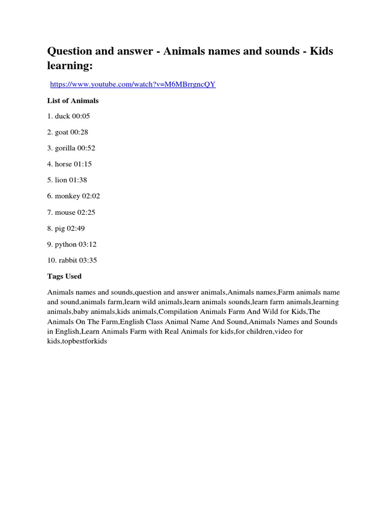 Question And Answer Animals Names And Sounds Kids Learning Pdf Animals And Humans Organisms