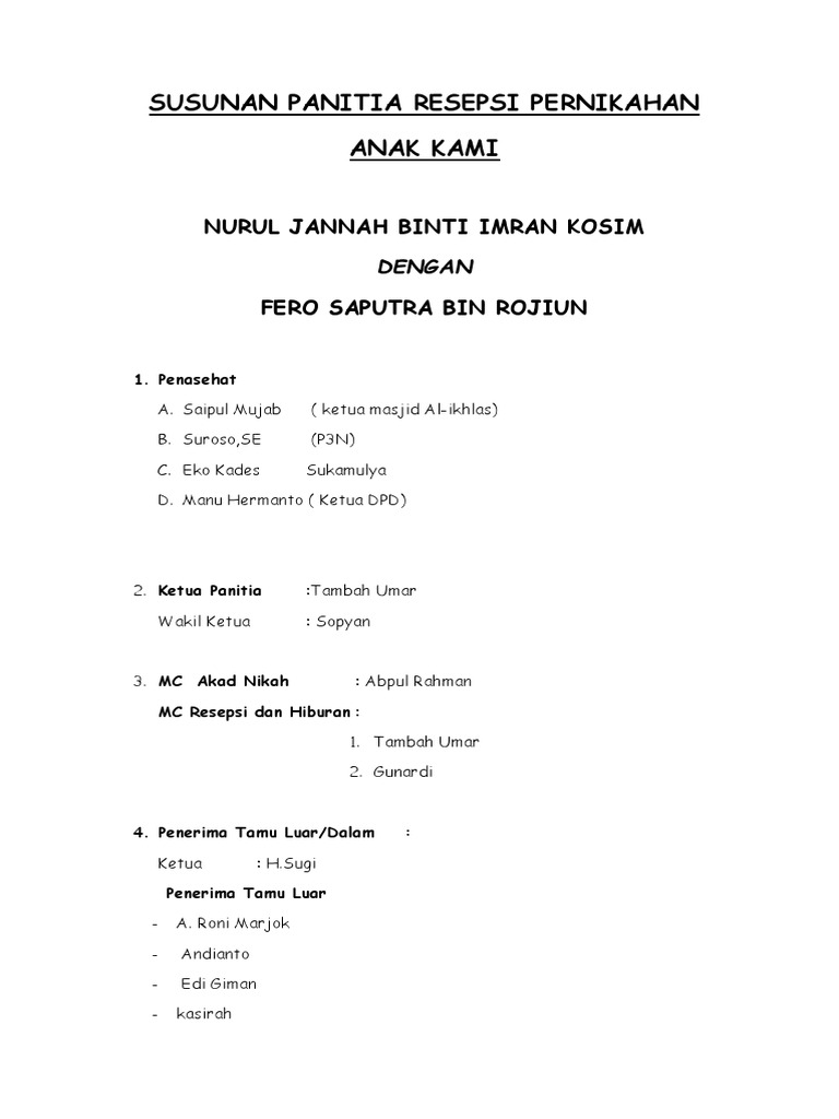 Susunan Panitia Resepsi Pernikahan Anak Kami