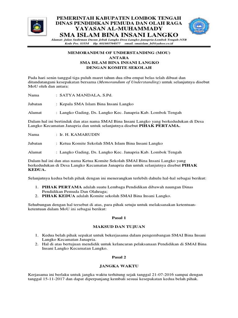 Contoh Surat Mou Kerjasama Dengan Lembaga Pendidikan - Audit Kinerja