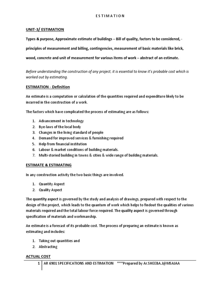 Unit 3 Estimation | PDF | Specification (Technical Standard) | Units Of ...