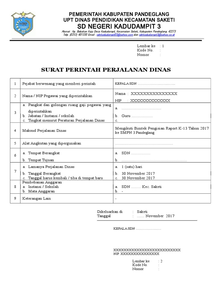 1 Contoh Format Sppd Sd