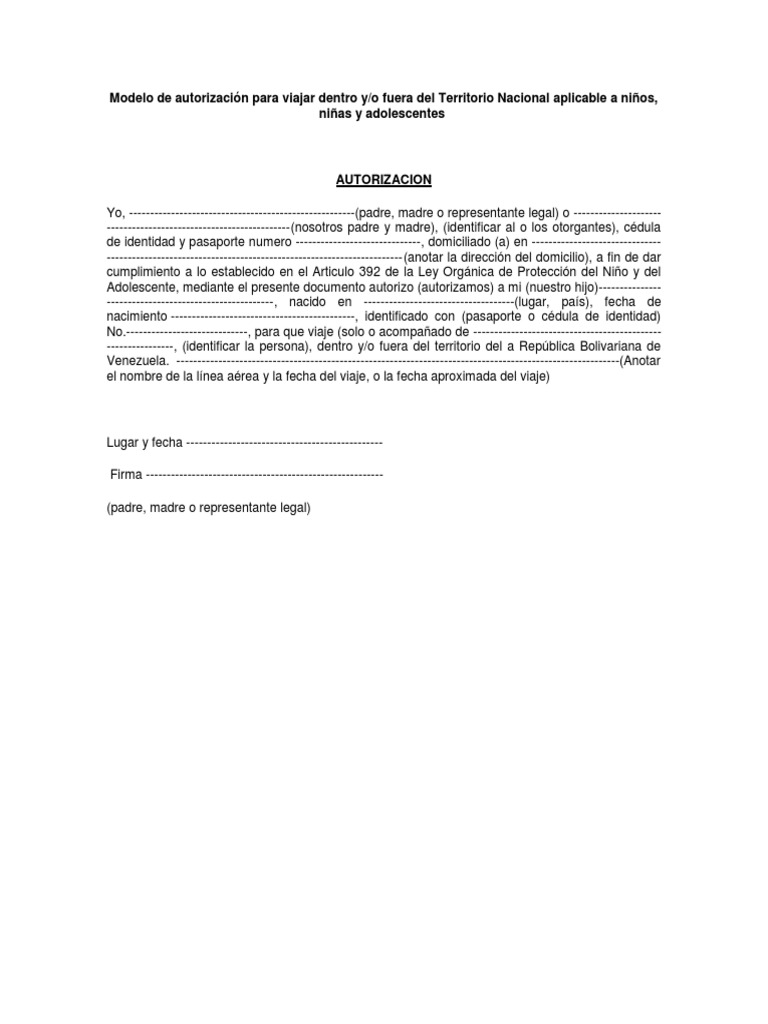 Modelo de Autorización Para Viajar Dentro y