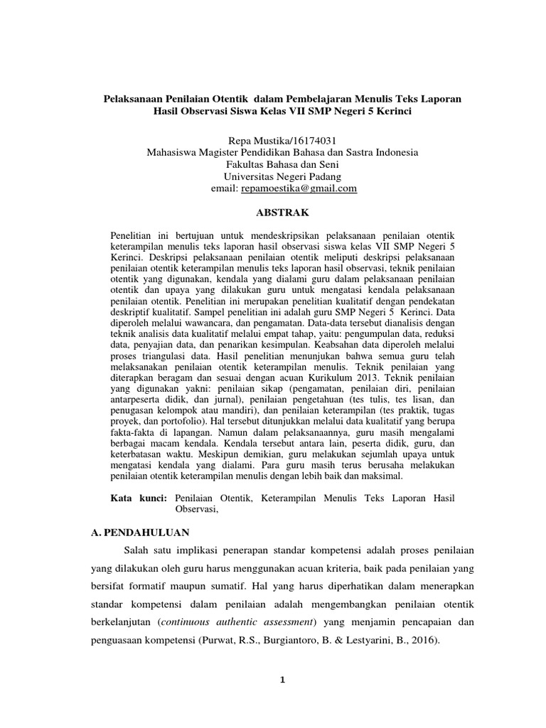 Penilaian Otentik Teks Laporan Hasil Observasi Pdf