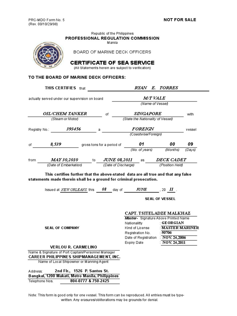 Certificate of Sea Service Form PRC-MDO | PDF | Sailor | Philippines