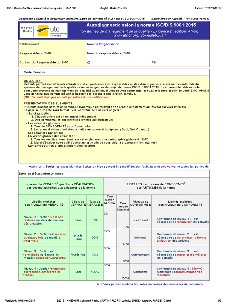 Iso 9001 Version 2015 Risques Et Opportunités Exemple Xls Outil Autodiagnostic ISO 9001-2015 v13 | PDF | Système de management de la  qualité | Management de la qualité