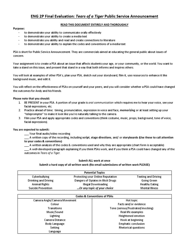Eng 16p Final Evaluation - Tears of A Tiger Public Service