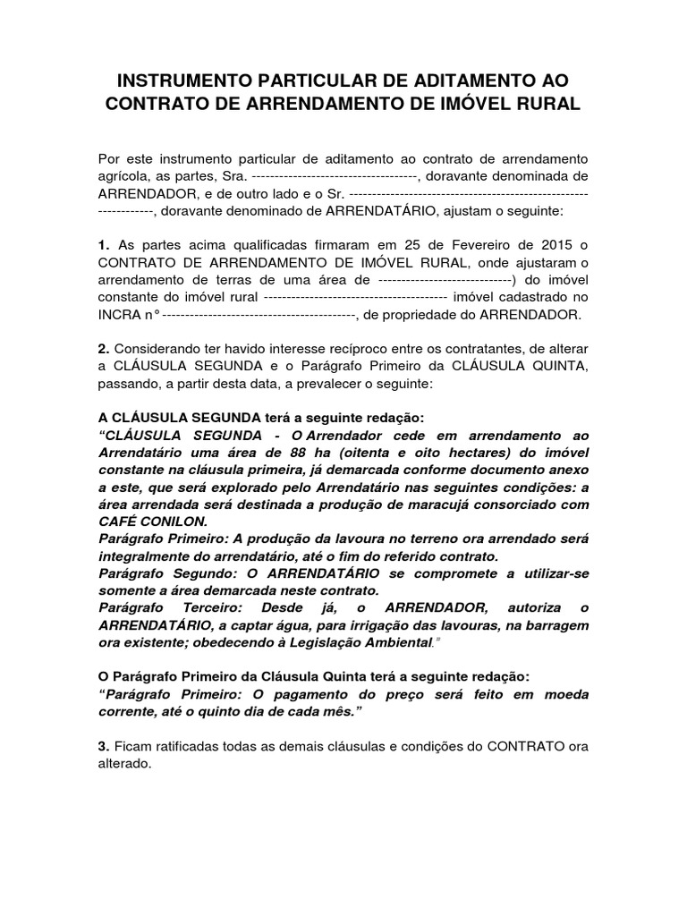 Modelo de Contrato de Arrendamento de Imóvel Rural, PDF