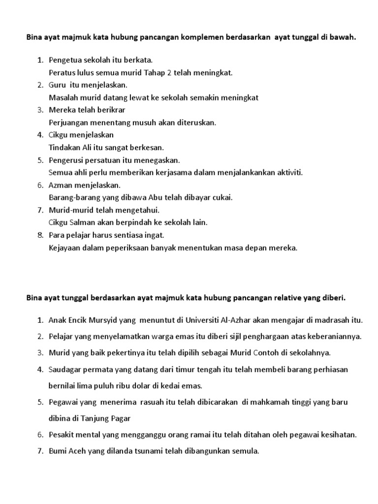 Bina Ayat Majmuk Kata Hubung Pancangan Komplemen Berdasarkan Ayat Tunggal Di Bawah Pdf
