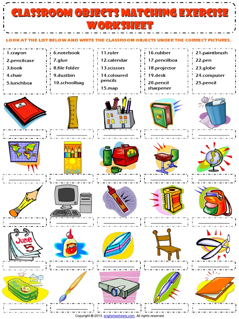 classroom objects supplies vocabulary matching exercise
