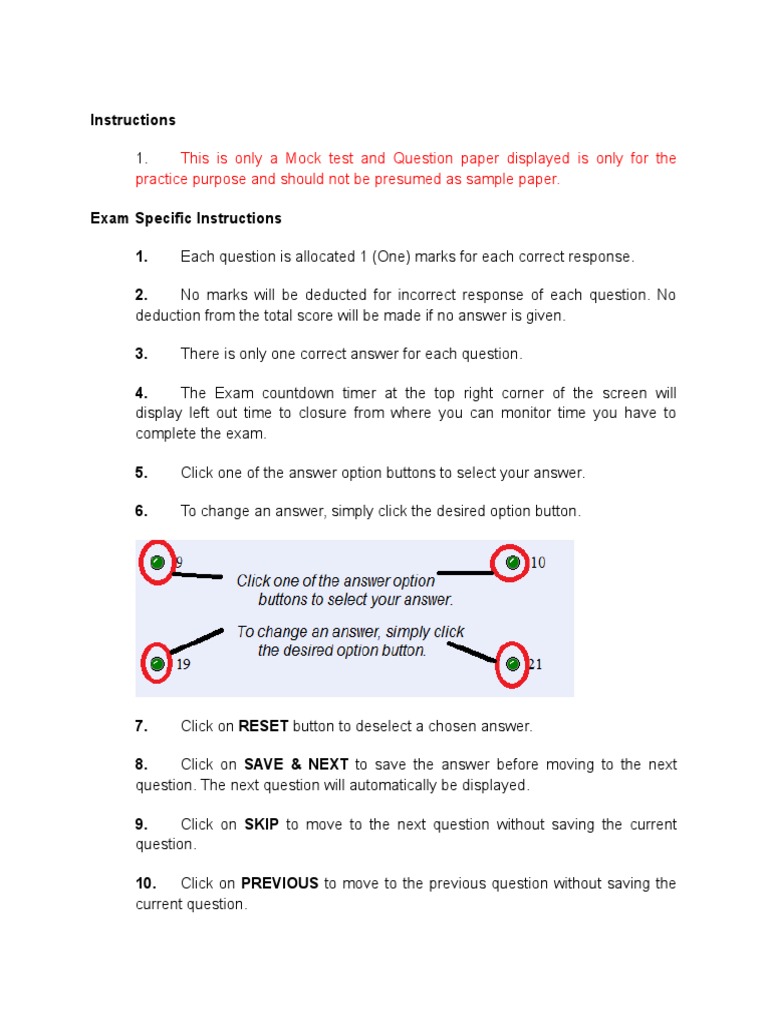 Mock Test Instructions and Guidelines | PDF