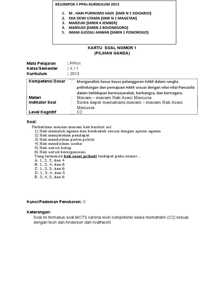 Kartu Soal Dan Rubrik Paket 5 Ppkn 2013