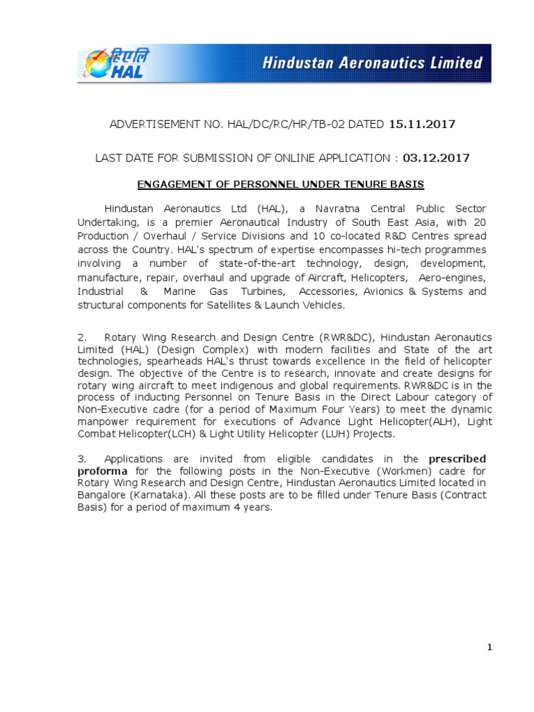 HAL RWRDC Recruitment Notice 2017 | PDF | Identity Document ...