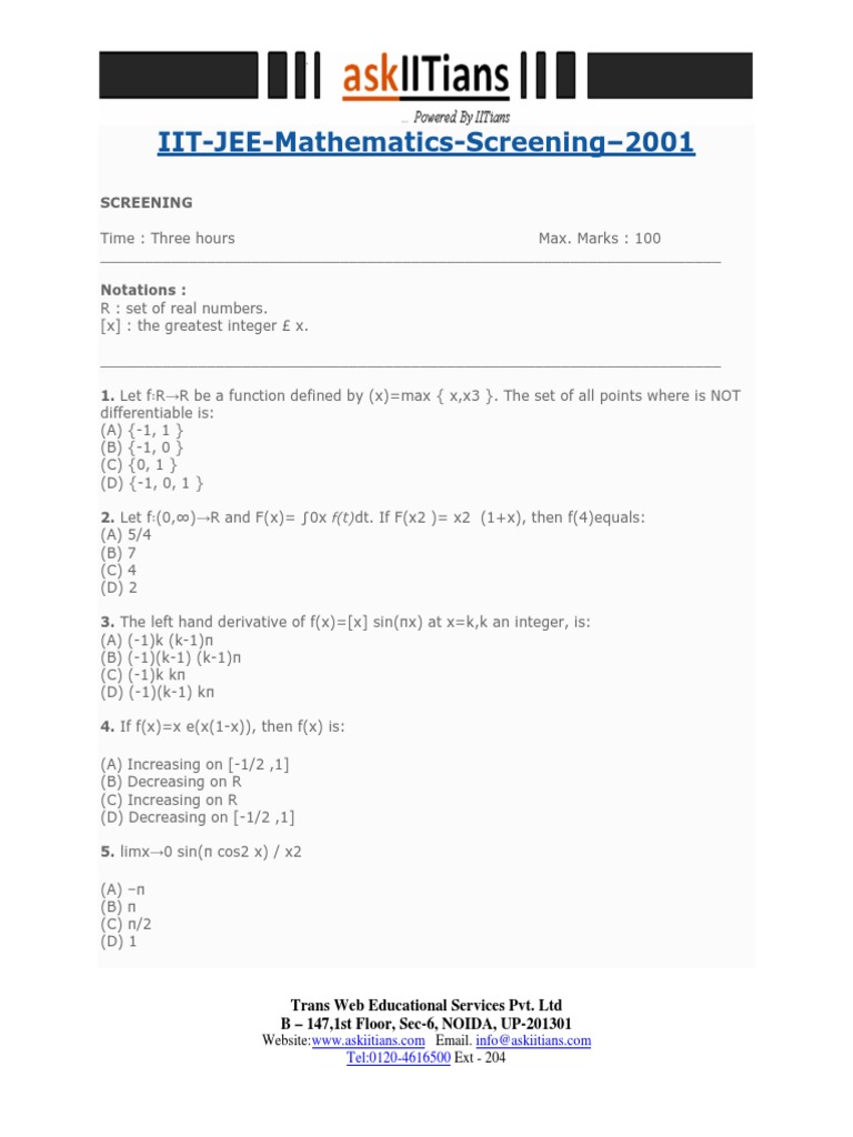 IIT JEE Mathematics Screening 2001 | PDF | Tangent | Triangle