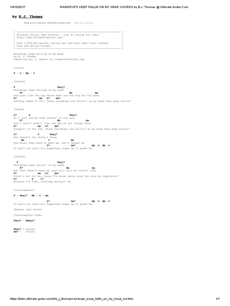 Raindrops Keep Fallin On My Head Chords By B J Thomas Ultimate Guitar Pdf Song Structure Songs