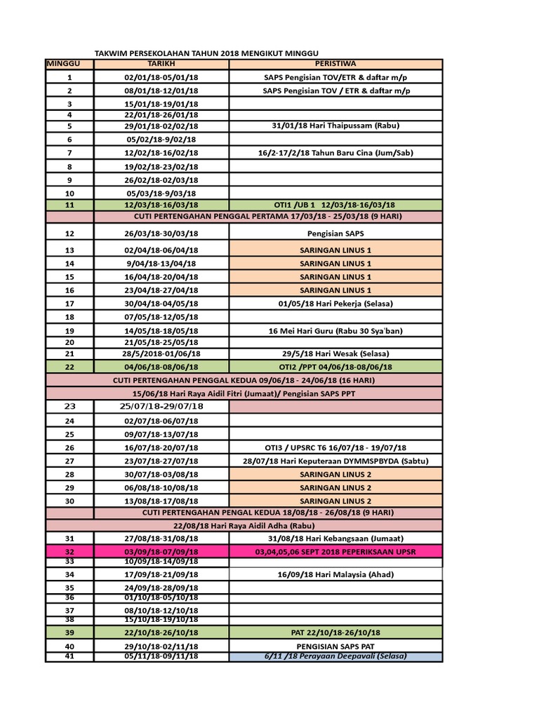 Takwim Sekolah 2018 Mengikut Minggu