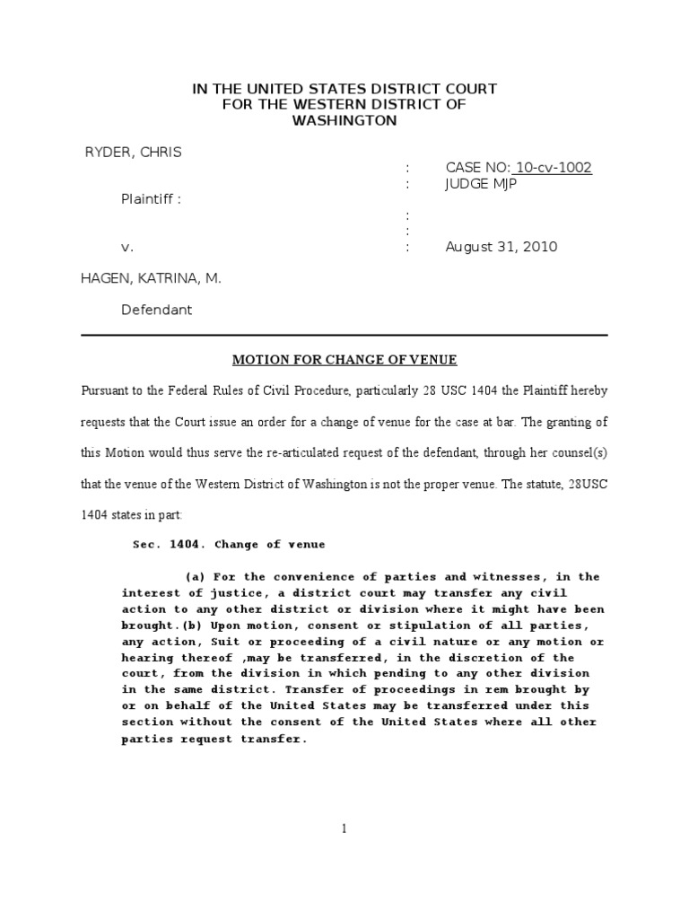 Hagen Motion For Change of Venue PDF Federal Government Of The