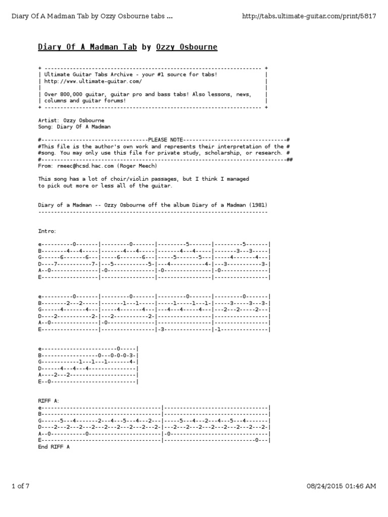 ozzy osbourne diary of a madman tabs