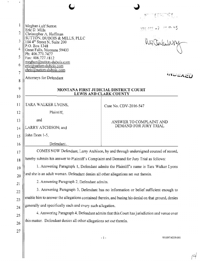 Defendant Larry Atchison's Answer To Complaint (10/7/16), Tara Walker