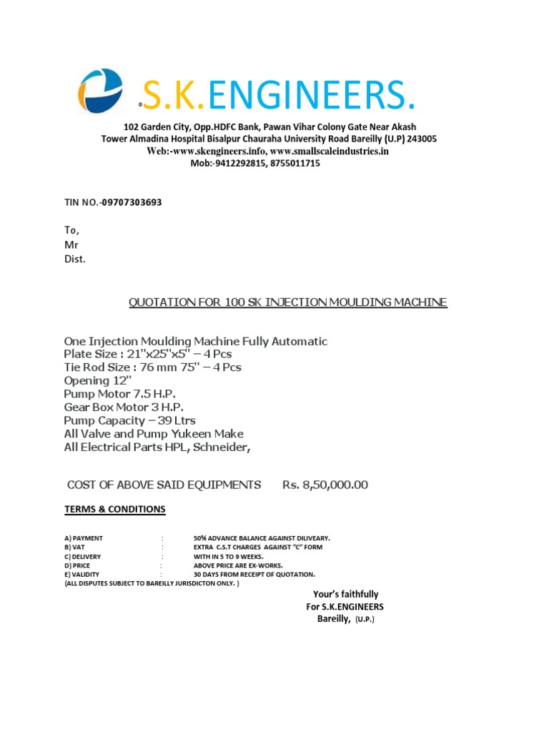 Quotation for 100 Sk Injection Moulding Machine