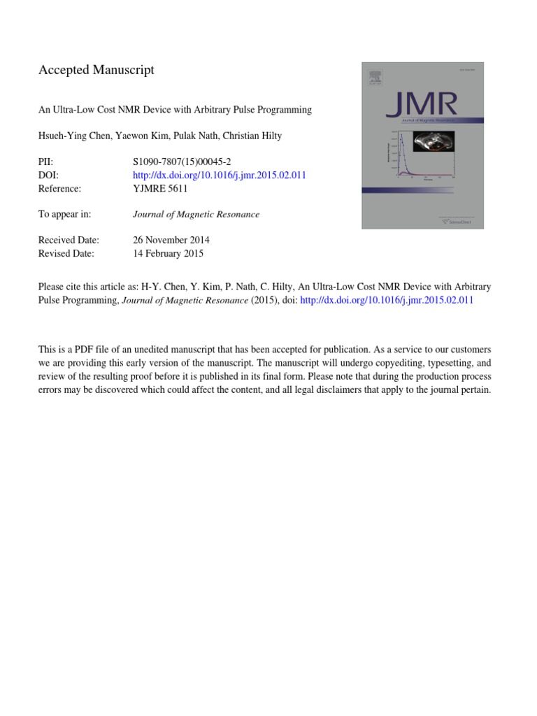 An UltraLow Cost NMR Device With Arbitrary Pulse Programming PDF