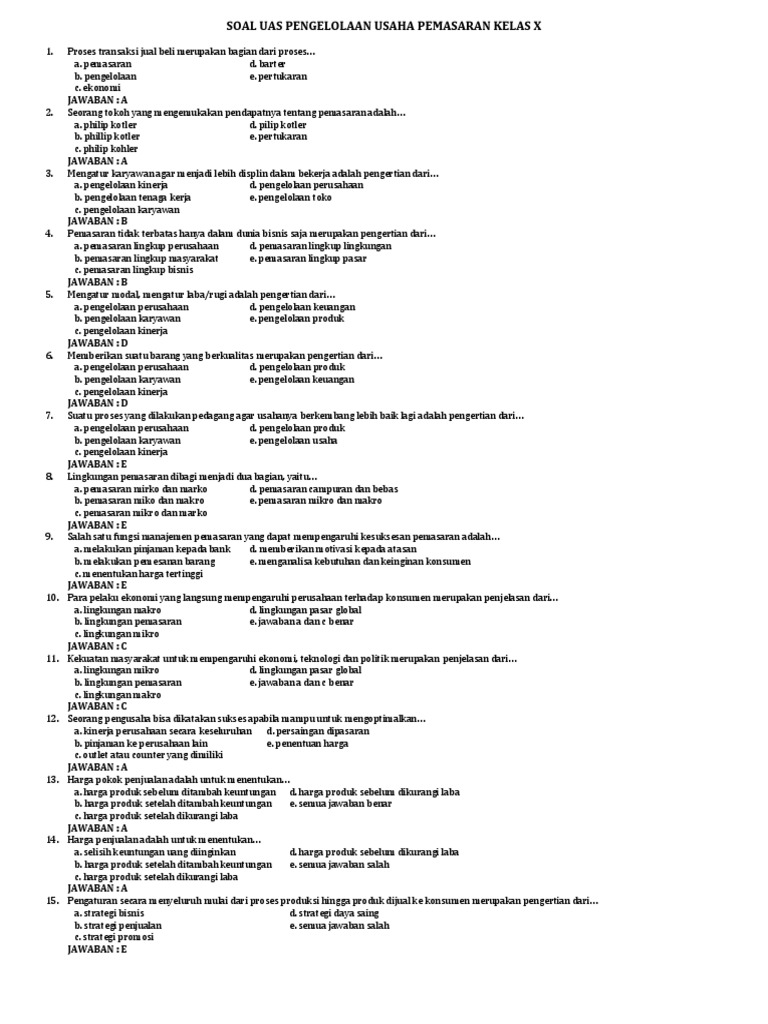 Soal Uas Pengelolaan Usaha Pemasaran Kelas X