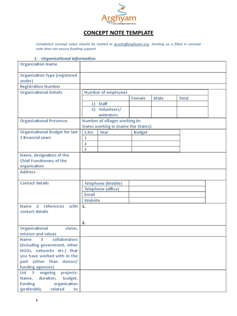 Concept Note Template English Water Supply And Sanitation Water Supply