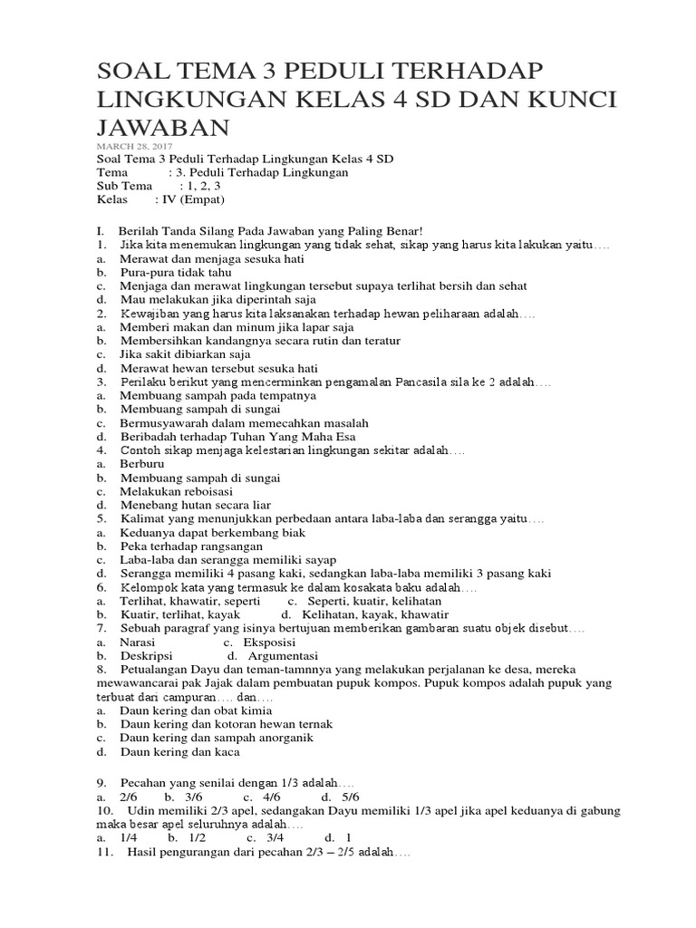 Latihan Soal Uas Ganjil Kelas 4 Kurtilas 2017