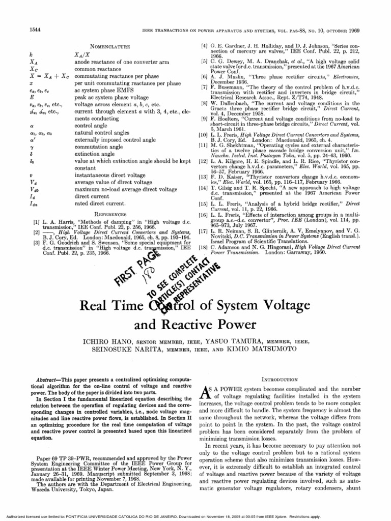 Real Time Control of System Voltage and Reactive Power | PDF ...