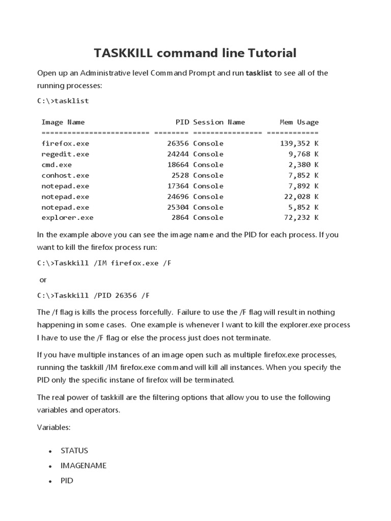 TaskKill Windows Command Line Tutorial | PDF | Command Line Interface ...