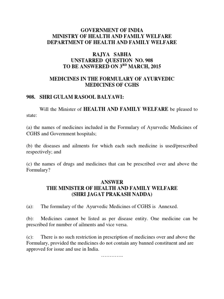 Ayurvedic Medicines Approved for Use in Central Government Health
