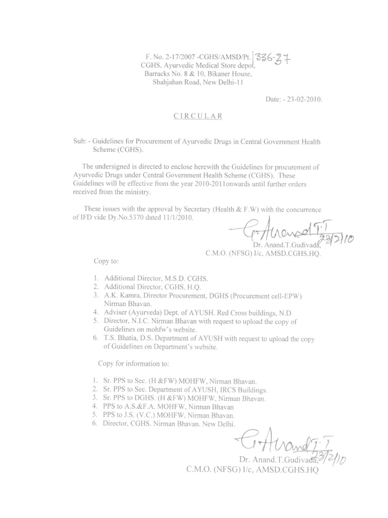Guidelines for Procurement of Ayurvedic Medicines Under Cghs