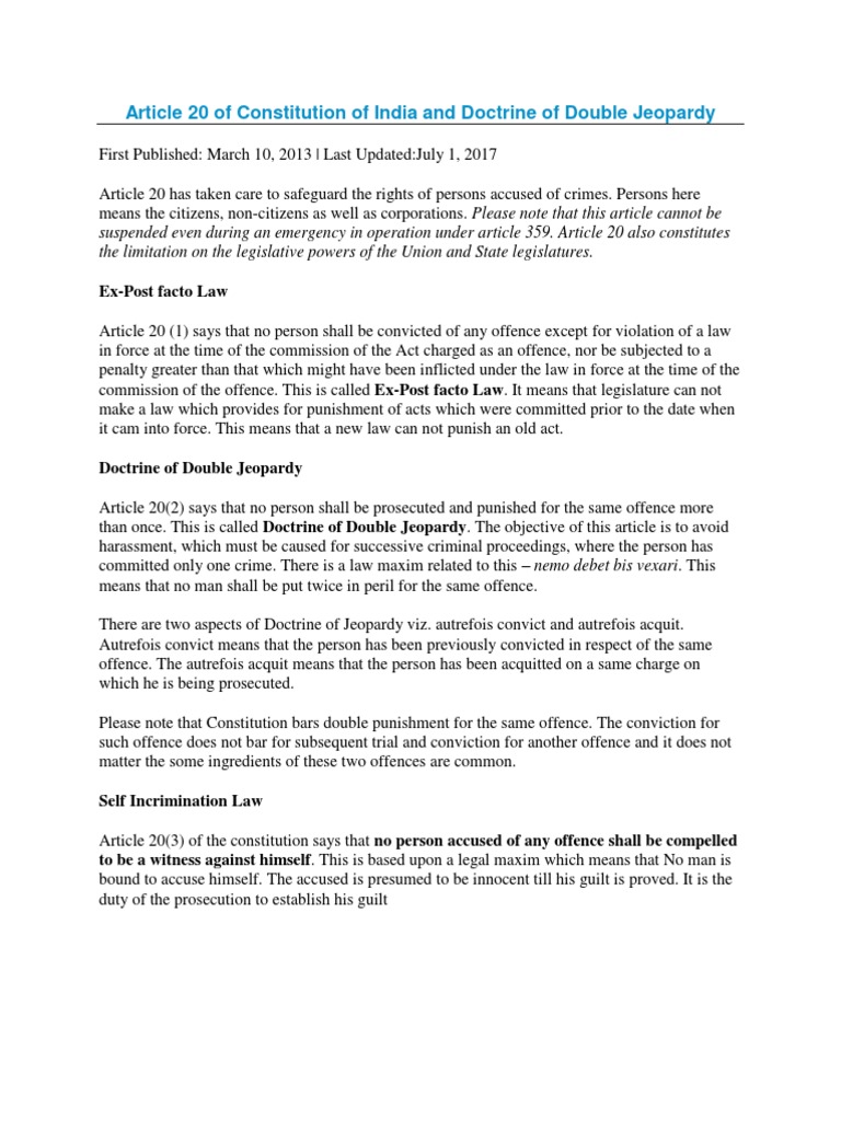 Article 20 of Constitution of India and Doctrine of Double Jeopardy | PDF