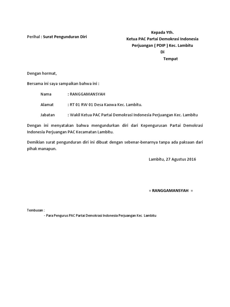 Surat Pengunduran Diri Dari Pengurus Parpol