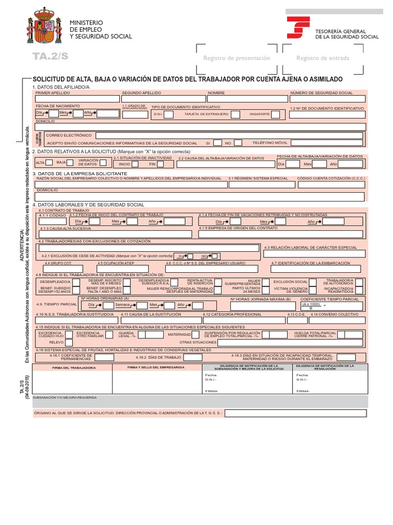 Modelo TA2/S: Solicitud de Variación de Datos | PDF | Desempleo ...