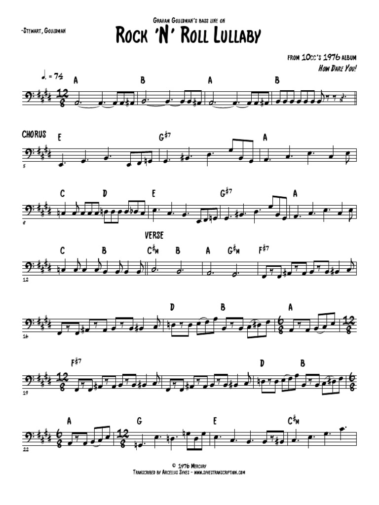 10cc Rock N Roll Lullaby 10cc Bass Transcription Chansons Musique Enregistree scribd