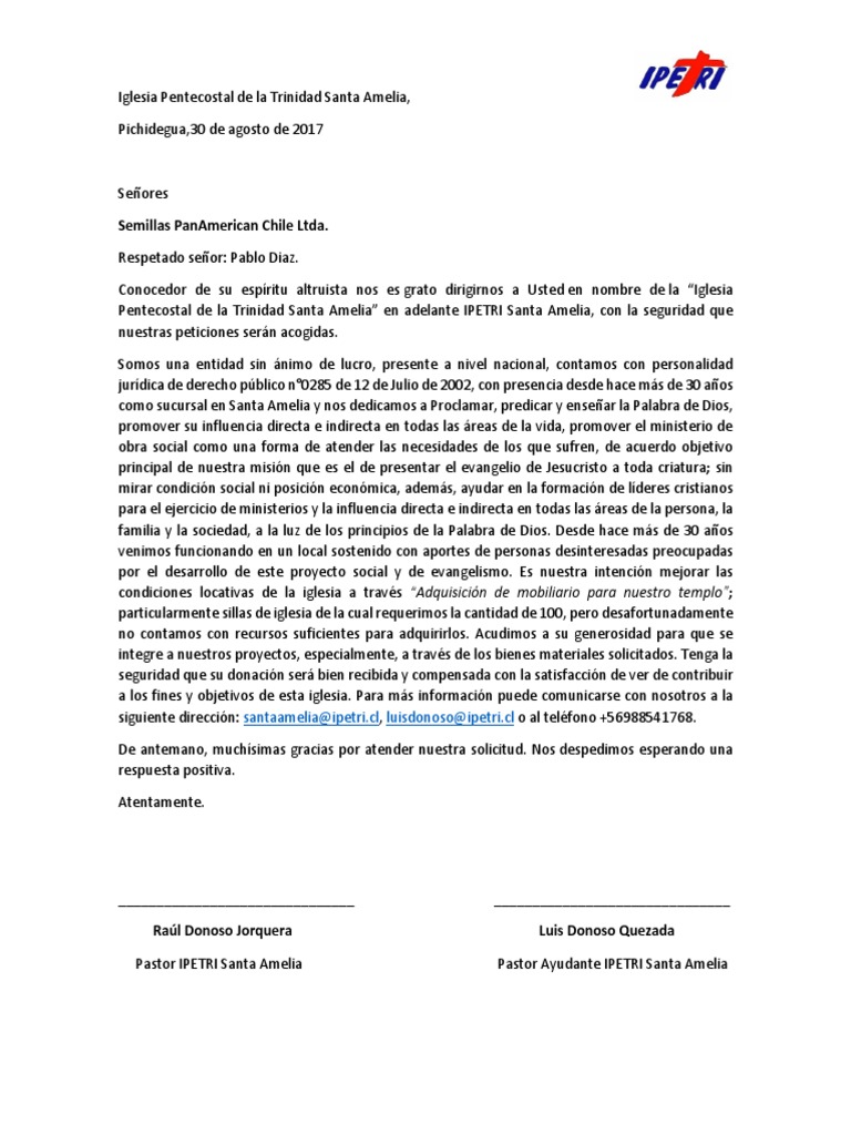 Carta Solicitud Donacion Pentecostalismo Iglesia Catolica