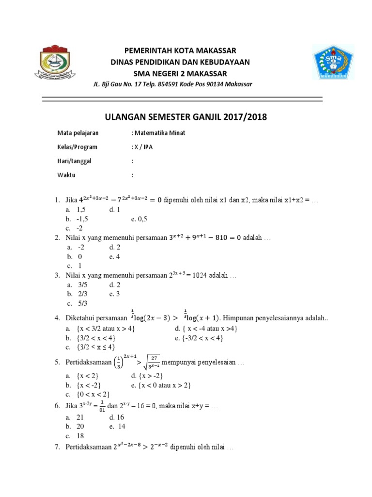 Soal Semester 1 Kelas 10 Mtk Minat