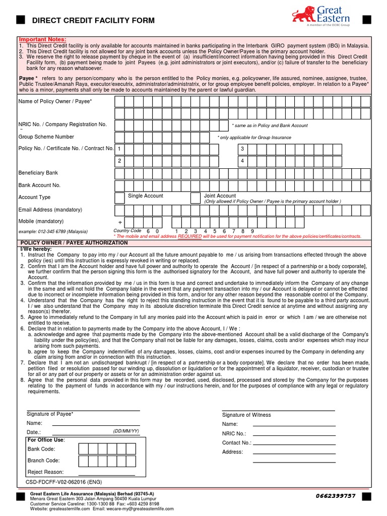 Great Eastern Direct Credit Facility Form | PDF | Payments | Liquidation