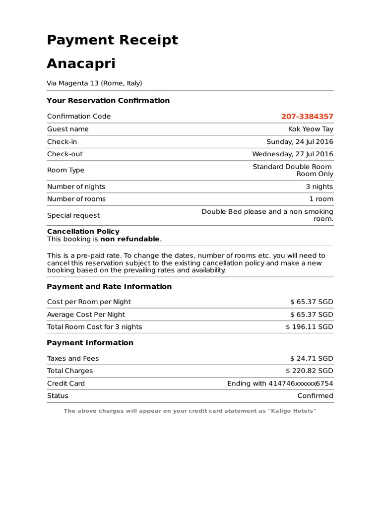 Payment Receipt Anacapri: Your Reservation Confirmation | PDF