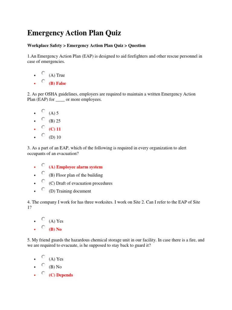 Workplace Safety Emergency Action Plan Quiz Question PDF Emergency