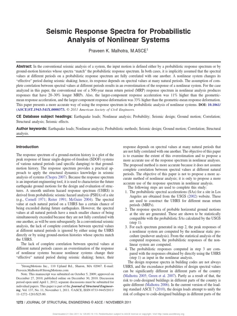 Seismic Response Spectra For Probabilistic Analysis of Nonlinear ...