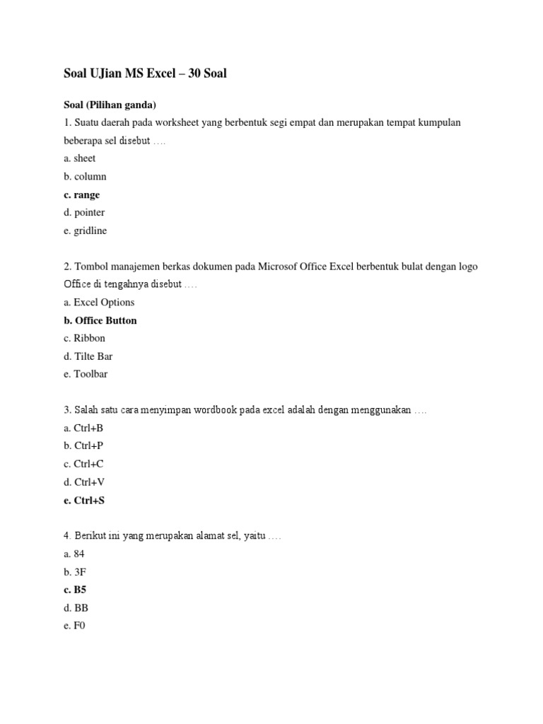 Soal Ujian Ms Excel 30 Soal