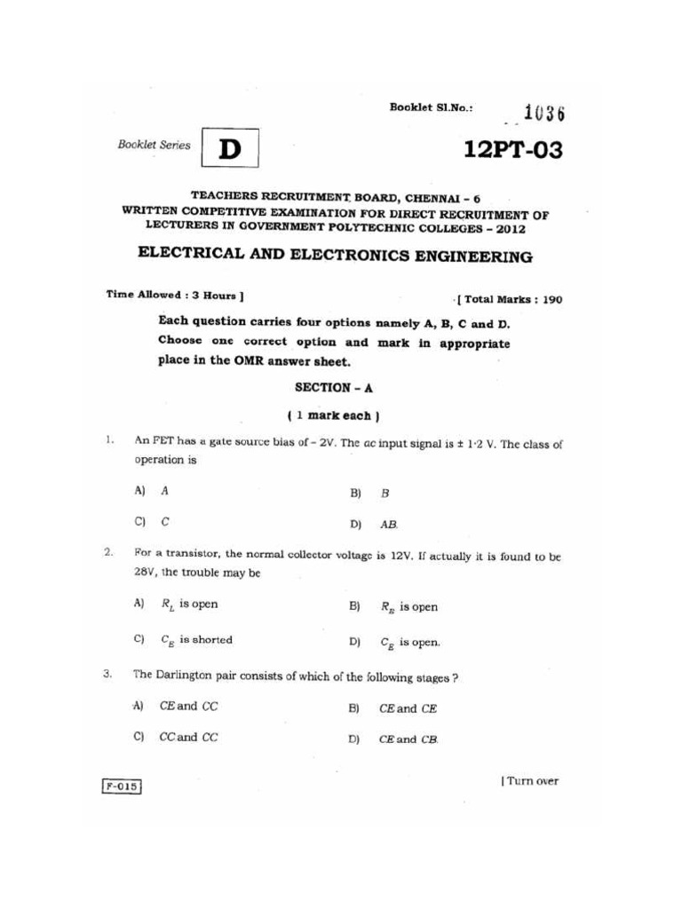 TRB EEE Question Paper 2012 For Recruitment of Lecturers in Tamilnadu ...