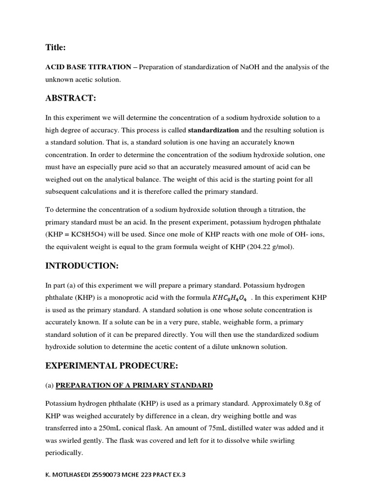 Standardization of NaOH Using KHP | PDF | Titration | Chemistry